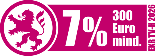 Eine Grafik mit dem hessischen Löwen und einem pinken Band auf dem "7%, 300€ mind." steht.