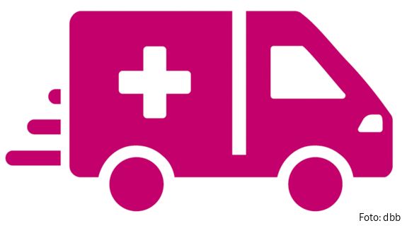 Zu sehen ist ein Piktogramm, das einen Rettungswagen zeigt. Darunter der Schriftzug "Rettungsdienst".